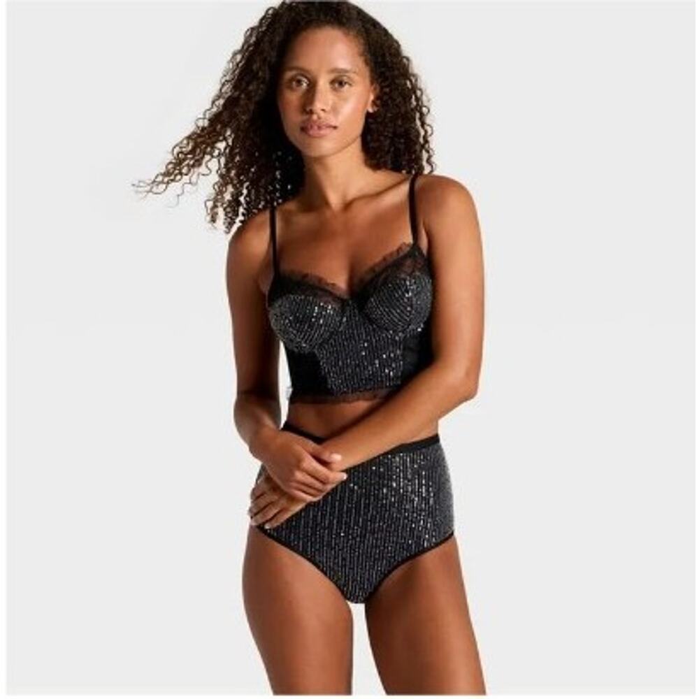 ∆15 MSRP $40 NWT WILD FABLE BLACK SEQUIN LACE CORSET & PANTY SET ♡ SIZE XL ♡